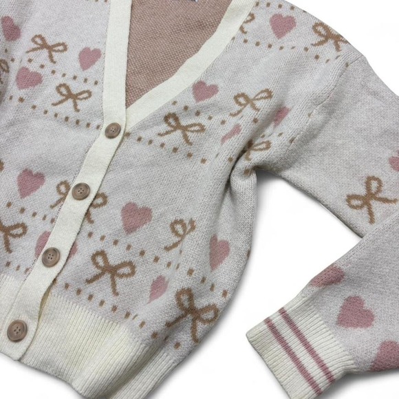 Cream and pink bow with hearts button cardigan soft and thick - Picture 2 of 8